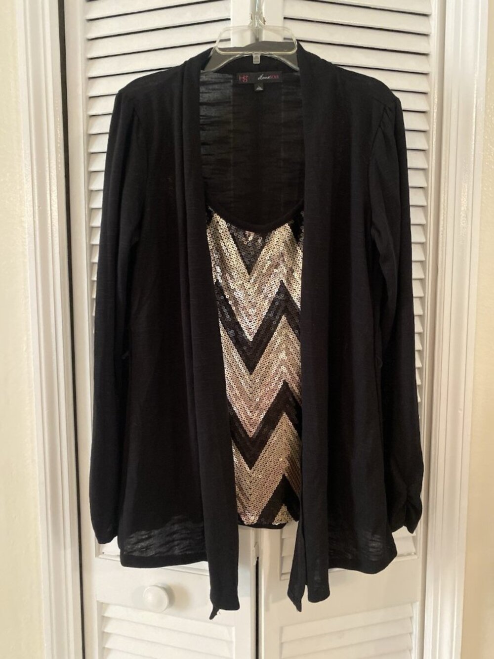 Heart & Soul Womens Black Gold Top + Attached Open Front Cardigan Sz Large Shirt